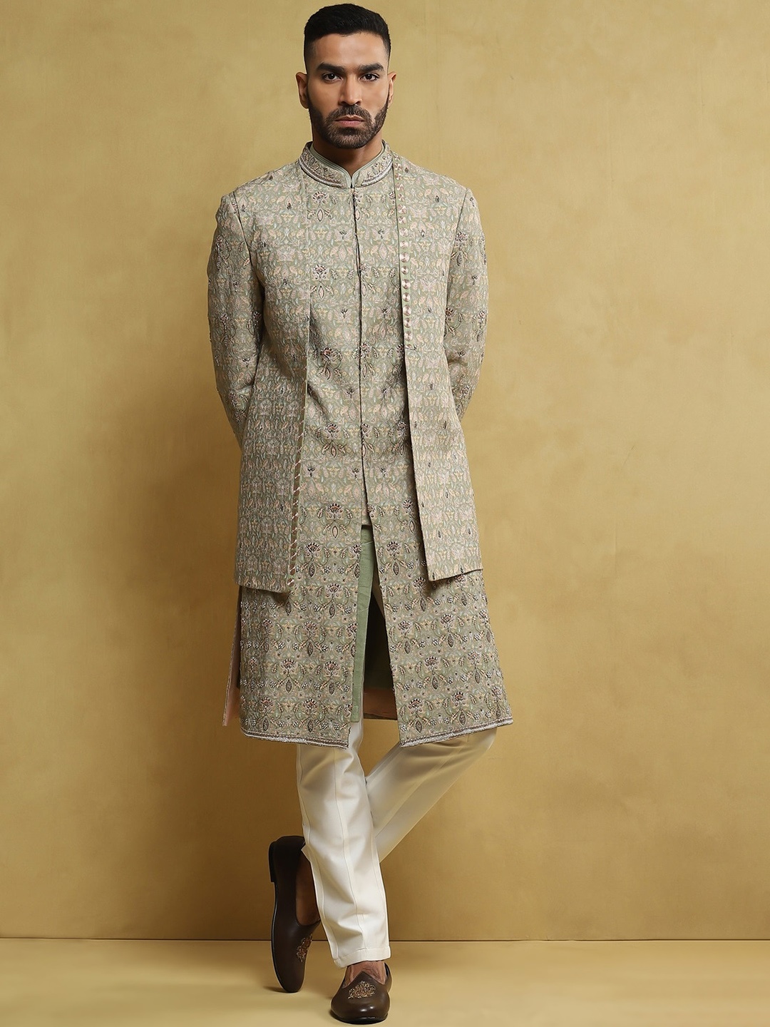 

Soniya g Embroidered Open Sherwani In Coin Work Sherwani Set, Green
