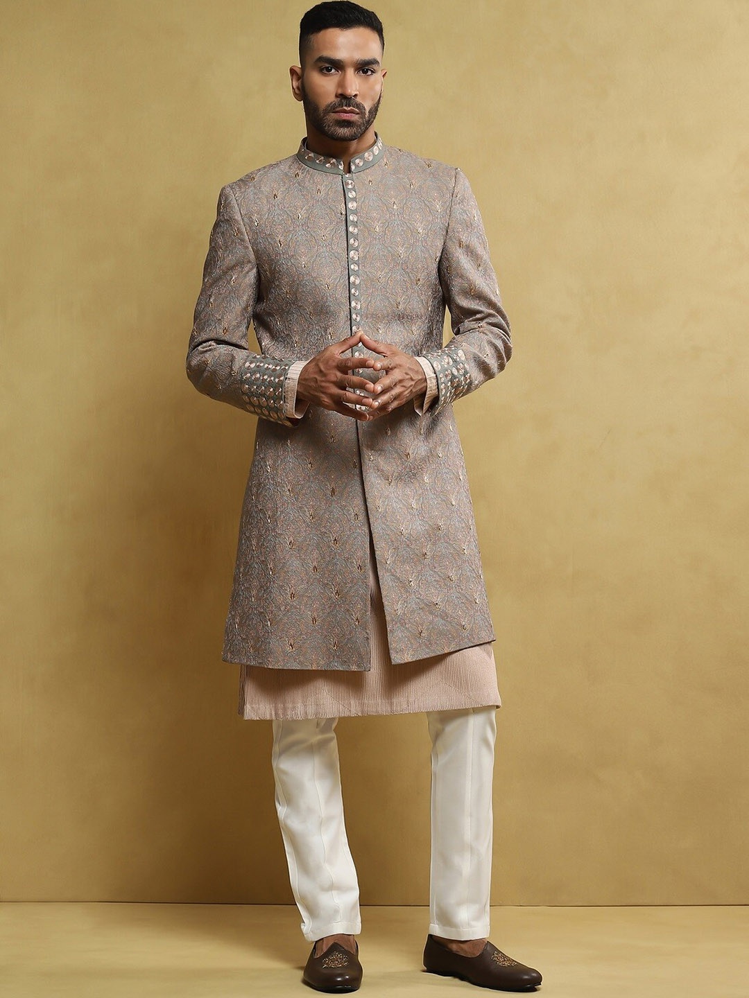 

Soniya g Embroidered Mandarin Collar Pure Silk Sherwani Set, Grey