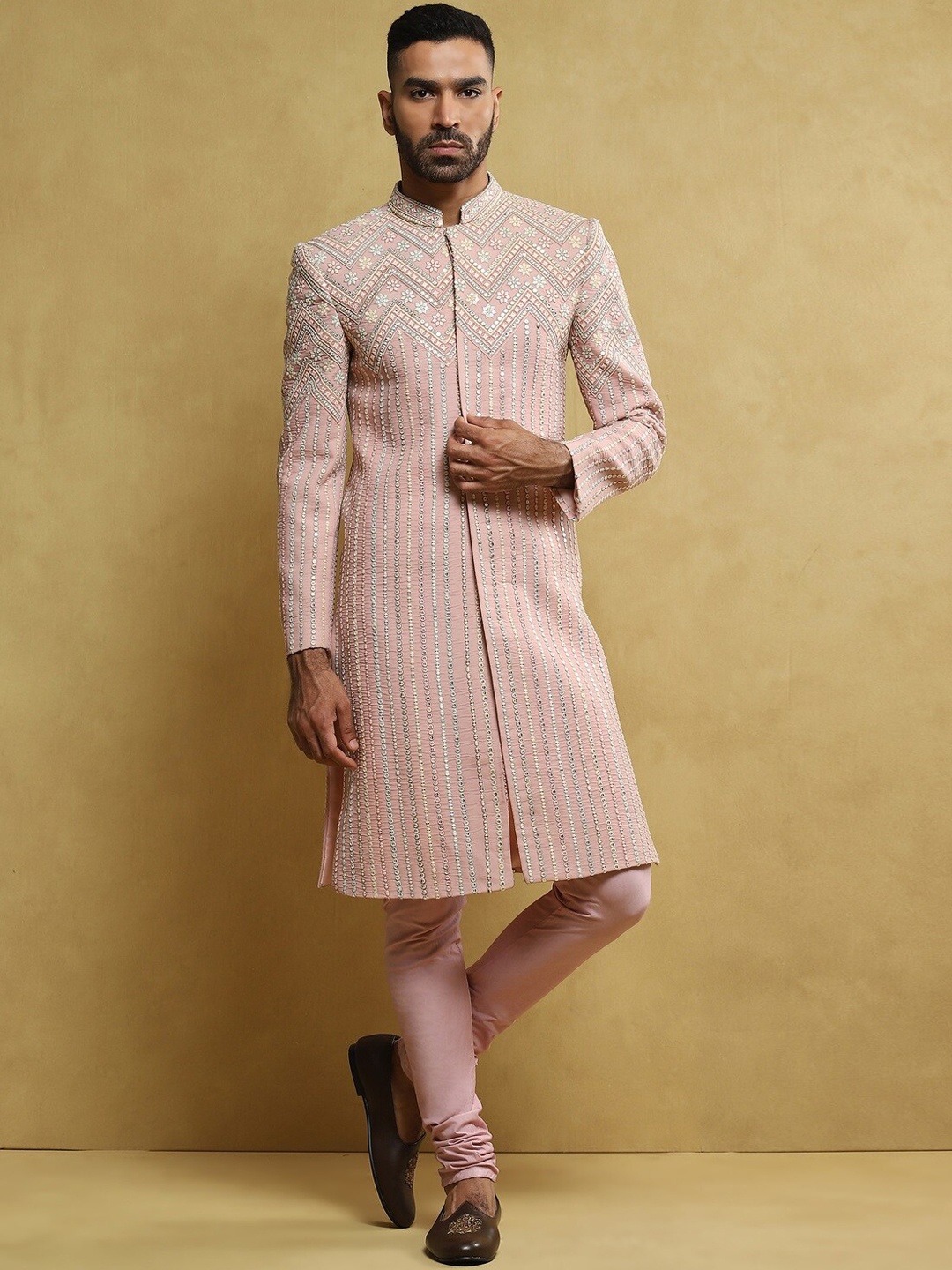 

Soniya g Embroidered Mandarin Collar Silk Georgette Sherwani Set, Pink