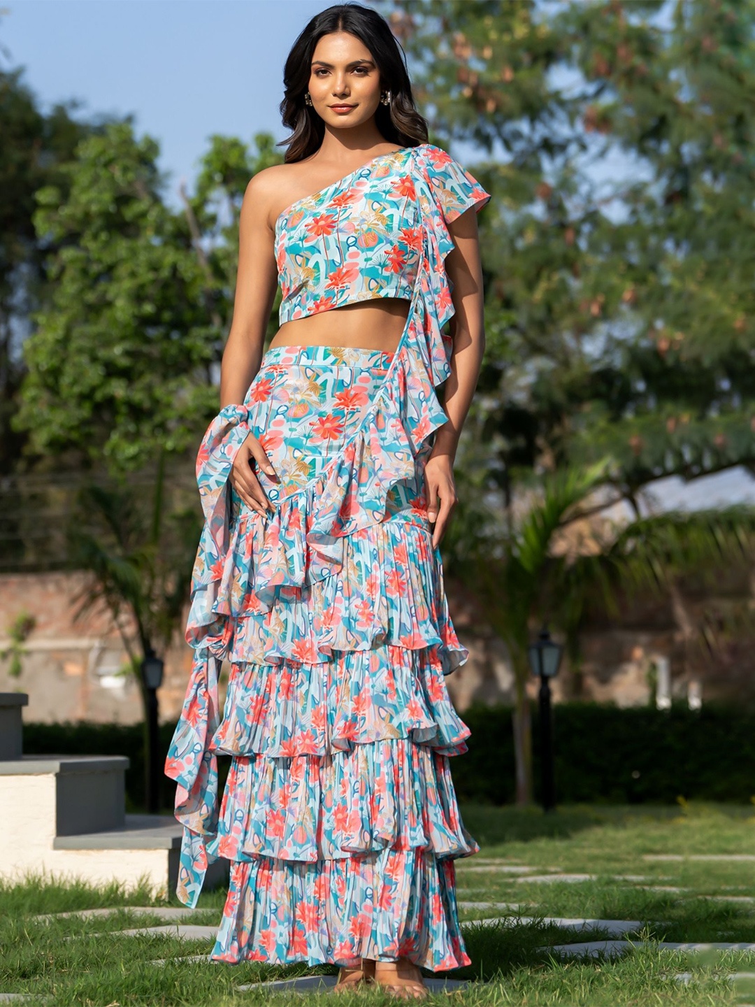 

HOUSE OF JAMOTI Floral Printed Ruffled Saree, Turquoise blue