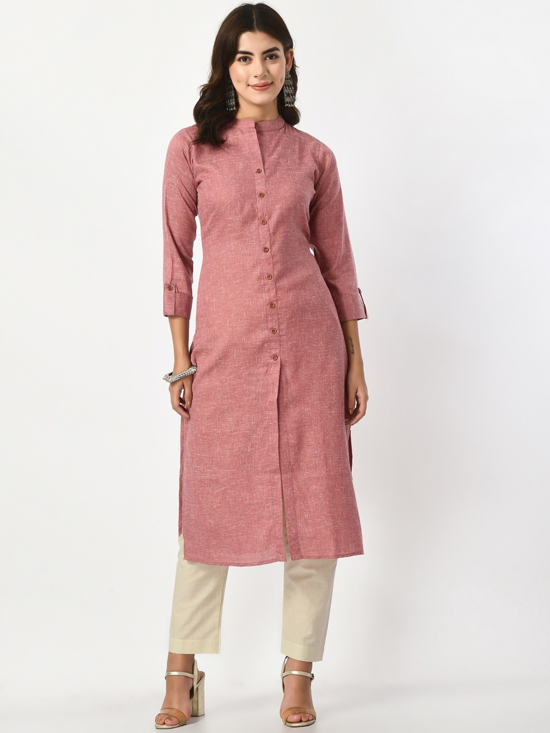 

WAYLENE Mandarin Collar Cotton High Slit A-Line Kurta, Peach