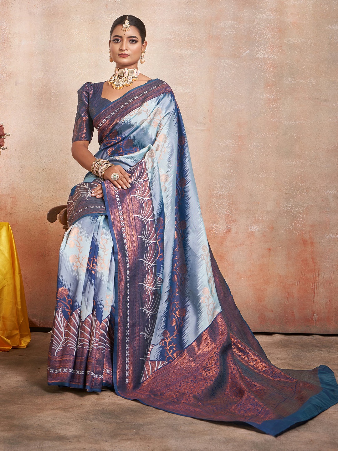 

KALINI Ethnic Motifs Woven Design Zari Kanjeevaram Saree, Blue
