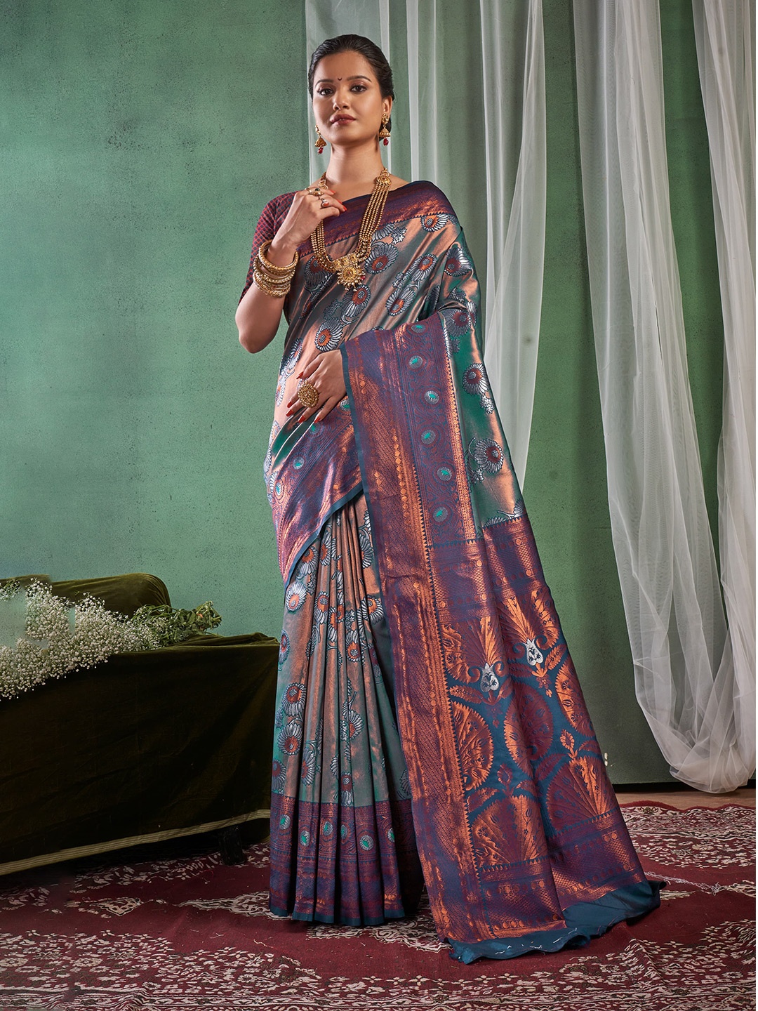 

KALINI Ethnic Motifs Woven Design Zari Banarasi Saree, Teal