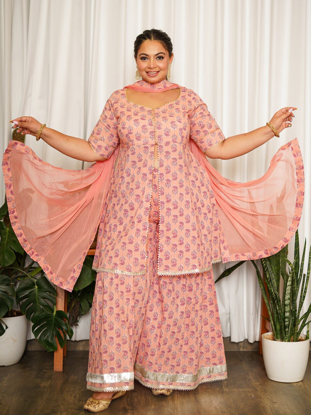 

NANGALIA RUCHIRA Plus Size Floral Printed Pure Cotton Kurti With Sharara & Dupatta, Peach