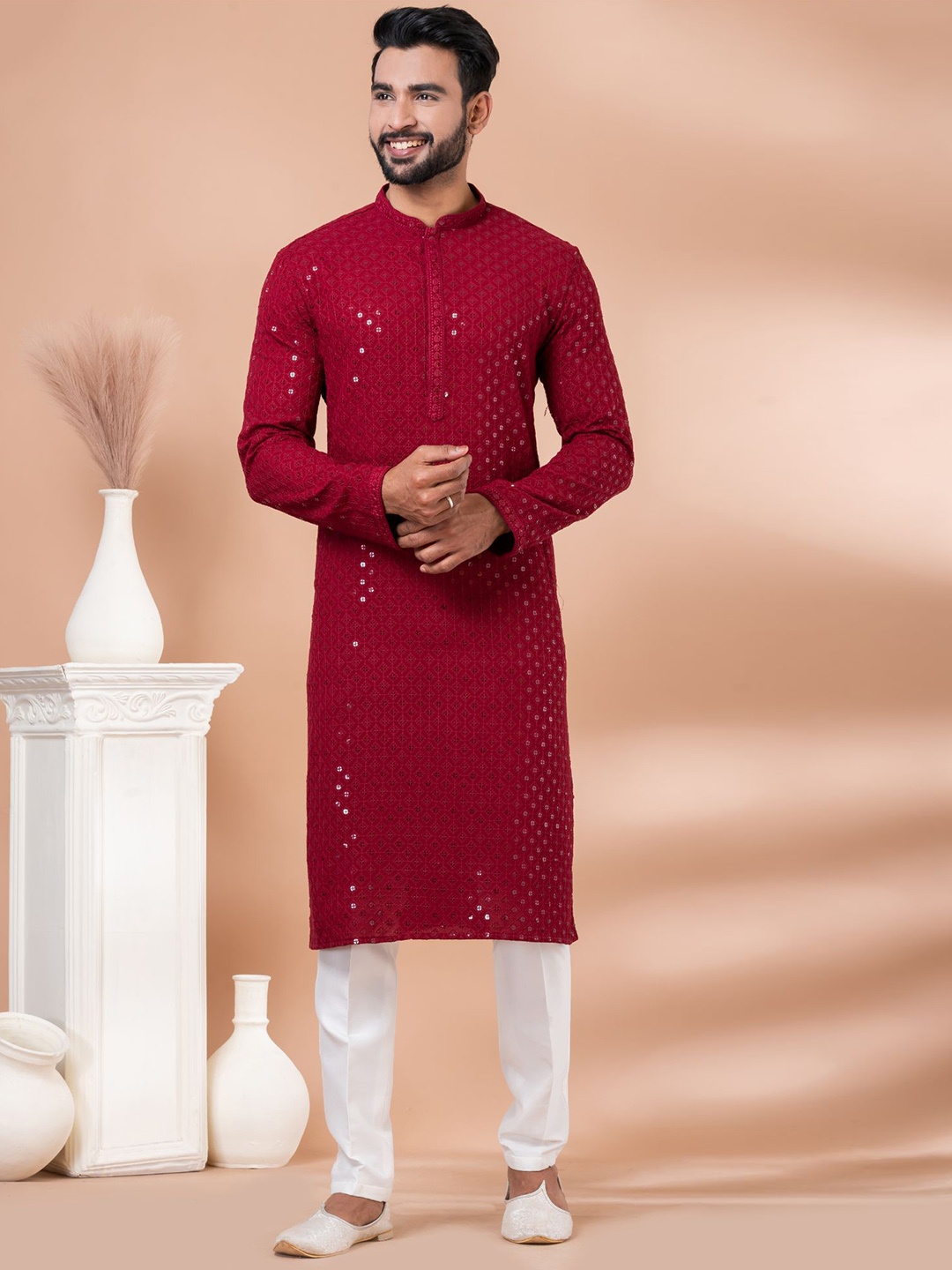 

ROOTED LIBAAS Floral Embroidered Sequinned Mandarin Collar Straight Kurta with Trouser, Red