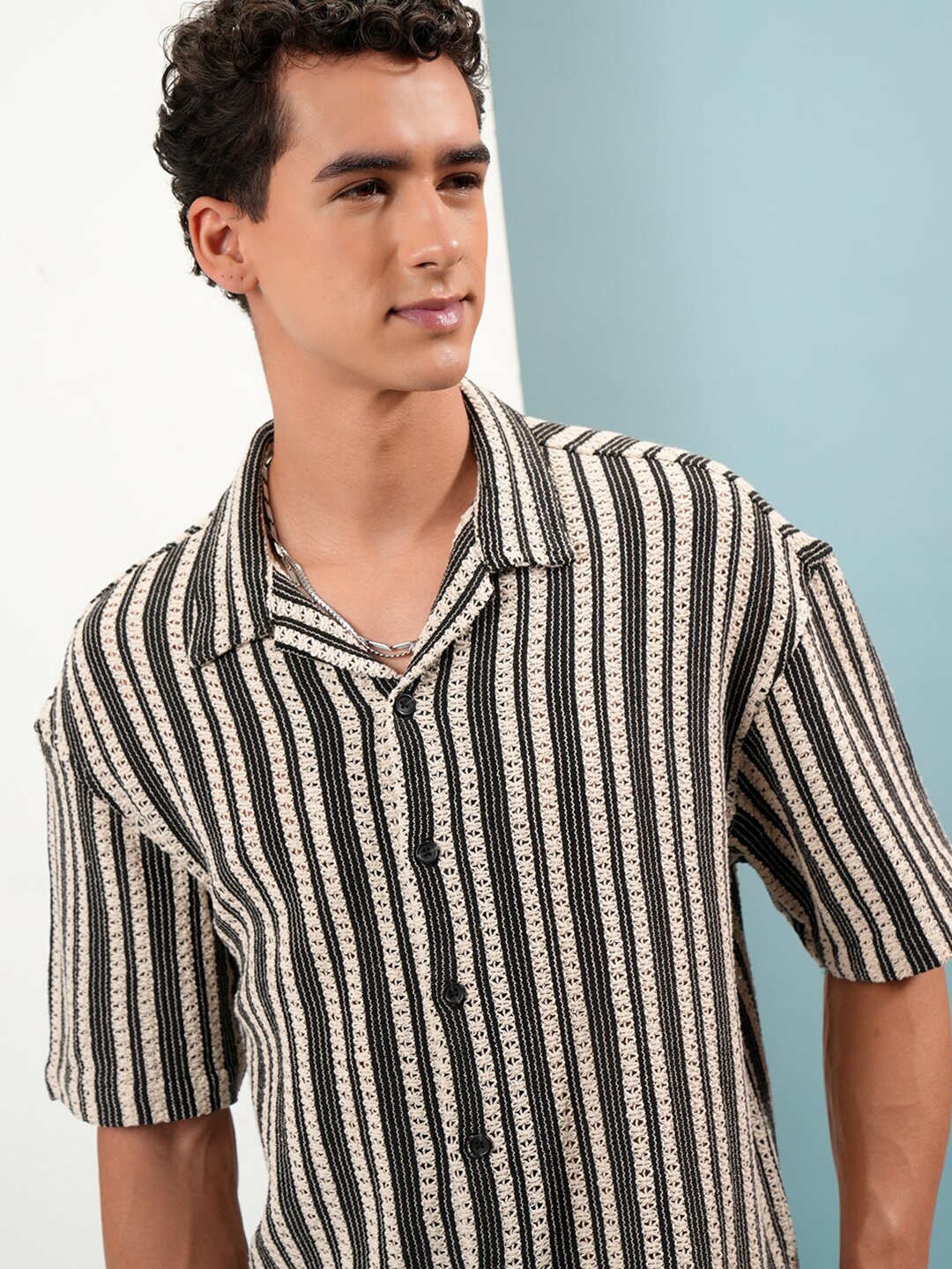 

HIGHLANDER Cuban Collar Crochet Drop Shoulder Oversized Shirt, Black
