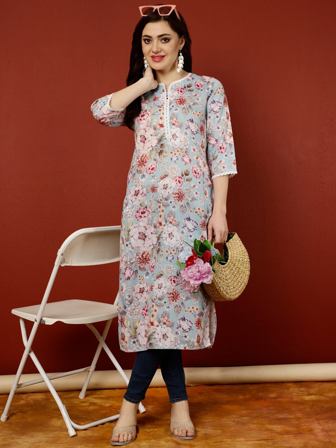 

Jaipur Kurti Floral Printed Straight Kurta, Blue