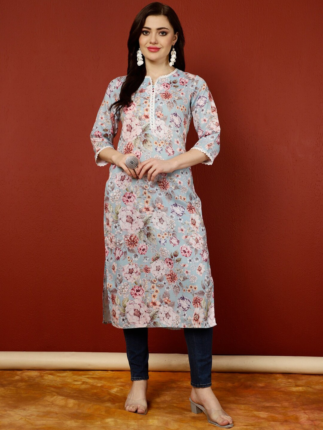 

Jaipur Kurti Floral Printed Straight Kurta, Blue