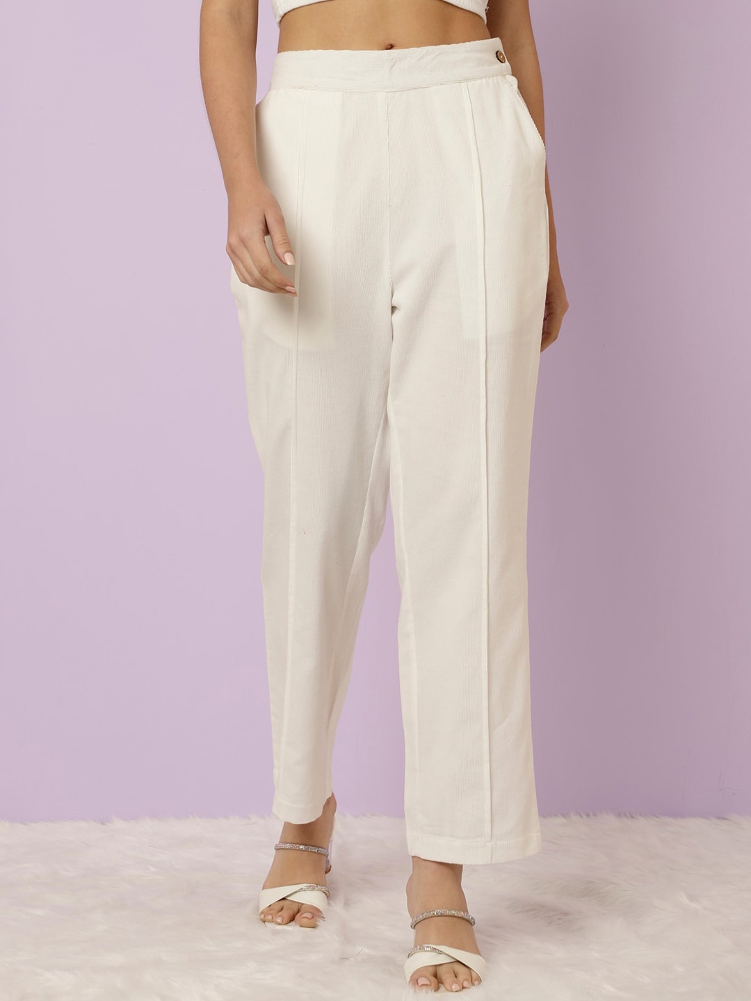 

Jaipur Kurti Women Original Corduroy Weave Cotton Parallel Trousers, White