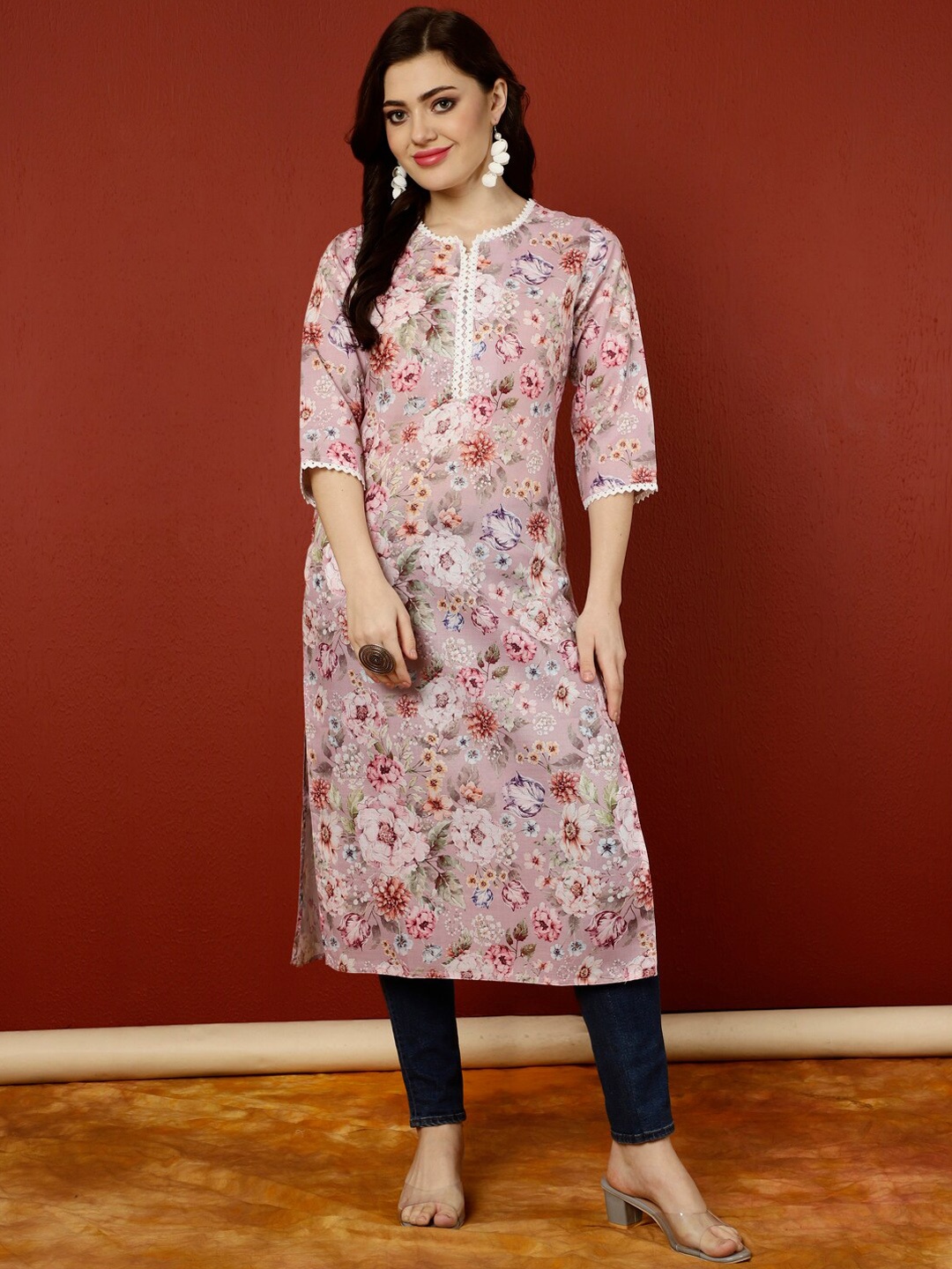 

Jaipur Kurti Floral Printed Straight Kurta, Pink