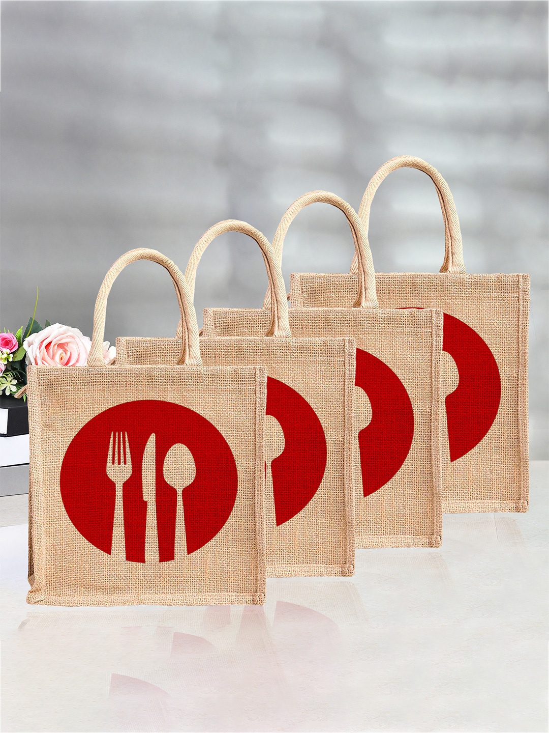 

Kuber Industries Set of 4 Printed Lunch Bags Travel Accessory, Brown