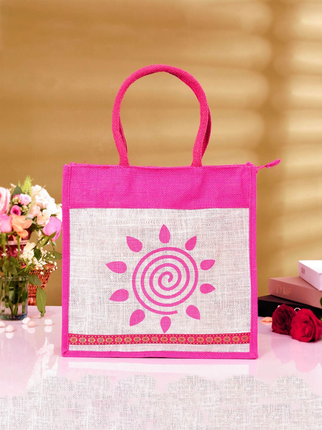

Kuber Industries Set Of 2 Sunflower Printed Jute Grocery Bag With Handles, Cream
