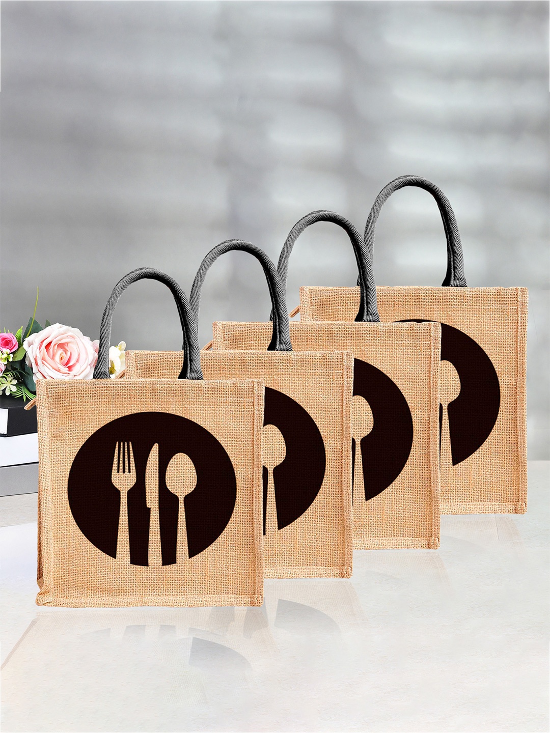 

Kuber Industries Set of 4 Printed Lunch Bags Travel Accessory, Brown