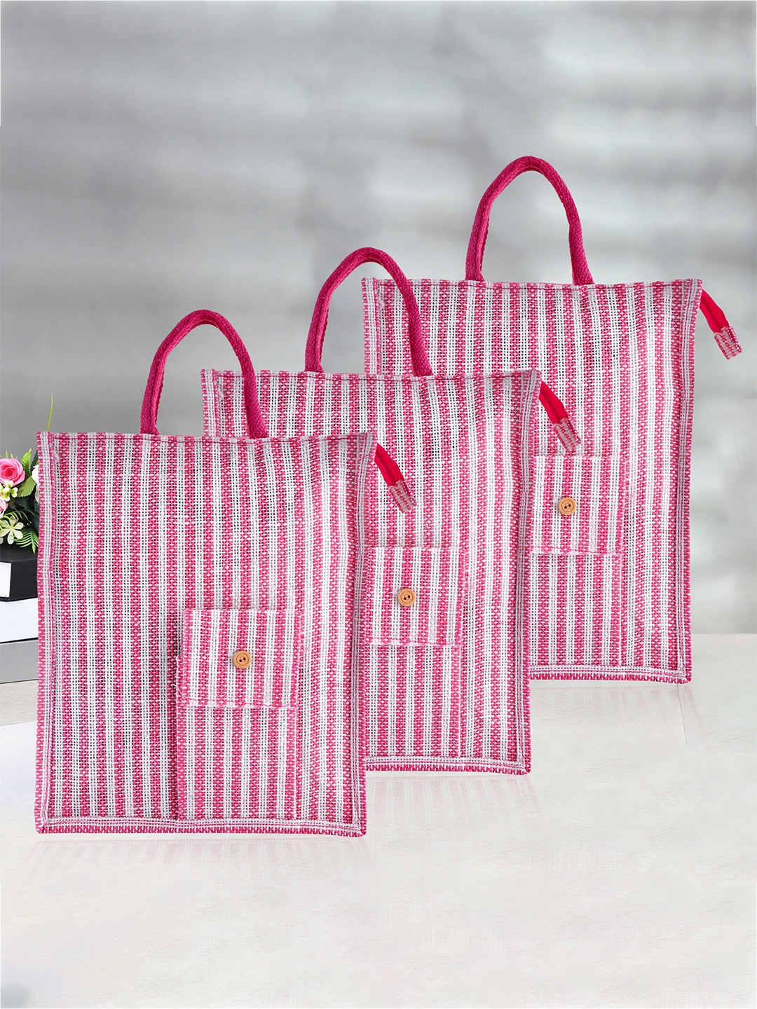 

Kuber Industries Set of 3 Striped Lunch Bags Travel Accessory, Pink