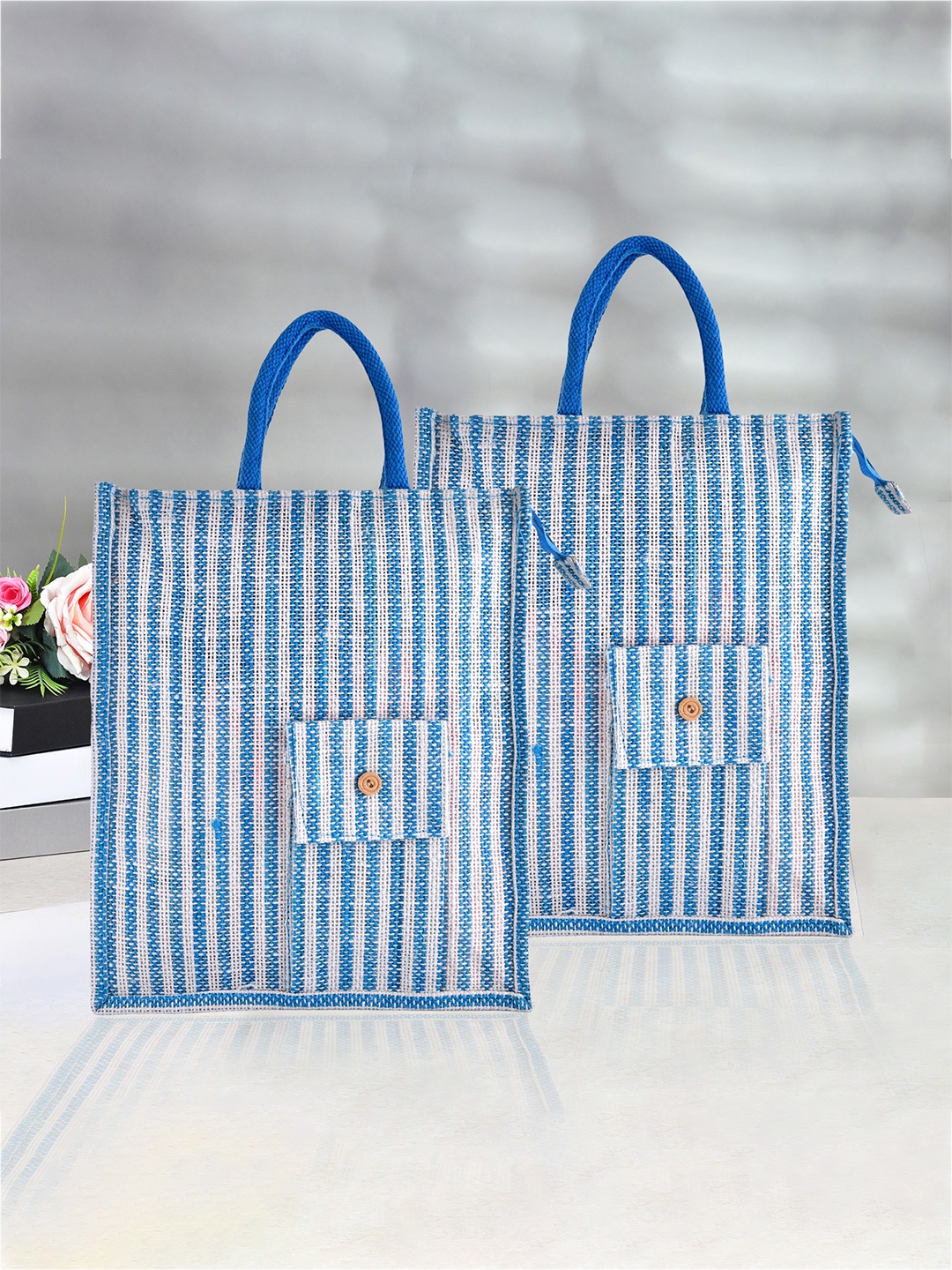 

Kuber Industries Set Of 2 Stripes Printed Jute Front Pocket Shopping Bag With Handles, Blue