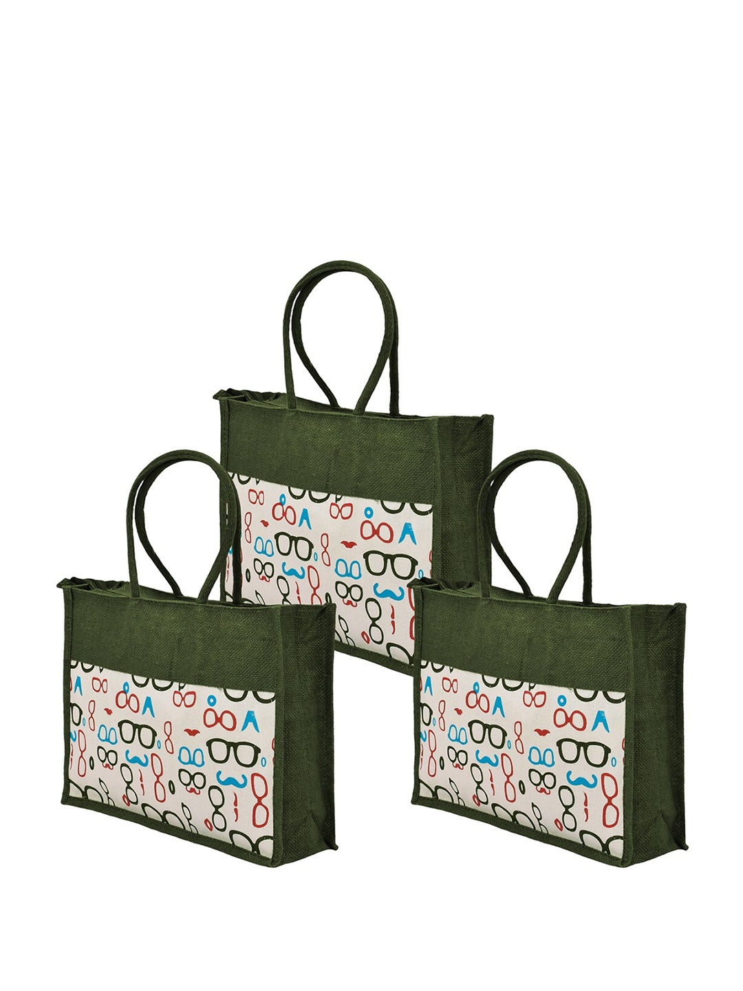 

Kuber Industries Set Of 3 Sunglasses Printed Jute Shopping Bag With Handles, Green