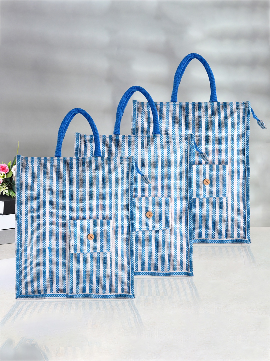 

Kuber Industries Set Of 3 Striped Shopper Jute Tote Bags, Blue