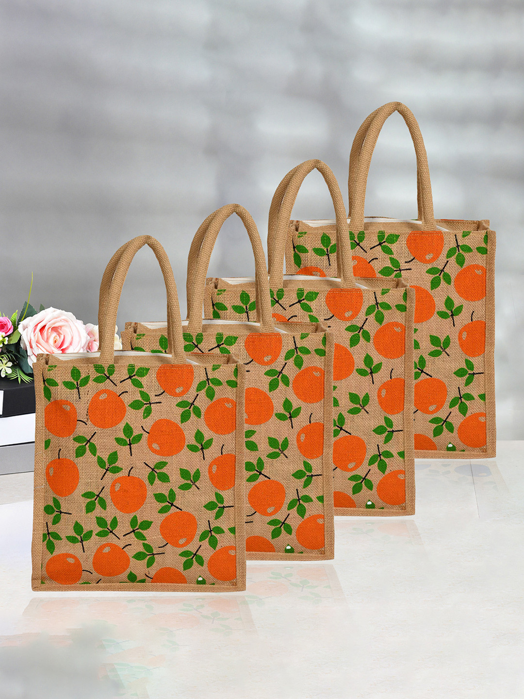 

Kuber Industries Set Of 4 Floral Printed Shopping Handheld Bags, Brown