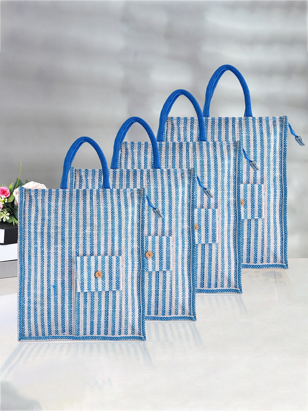 

Kuber Industries Set Of 4 Striped Jute Shopping Bag, Blue