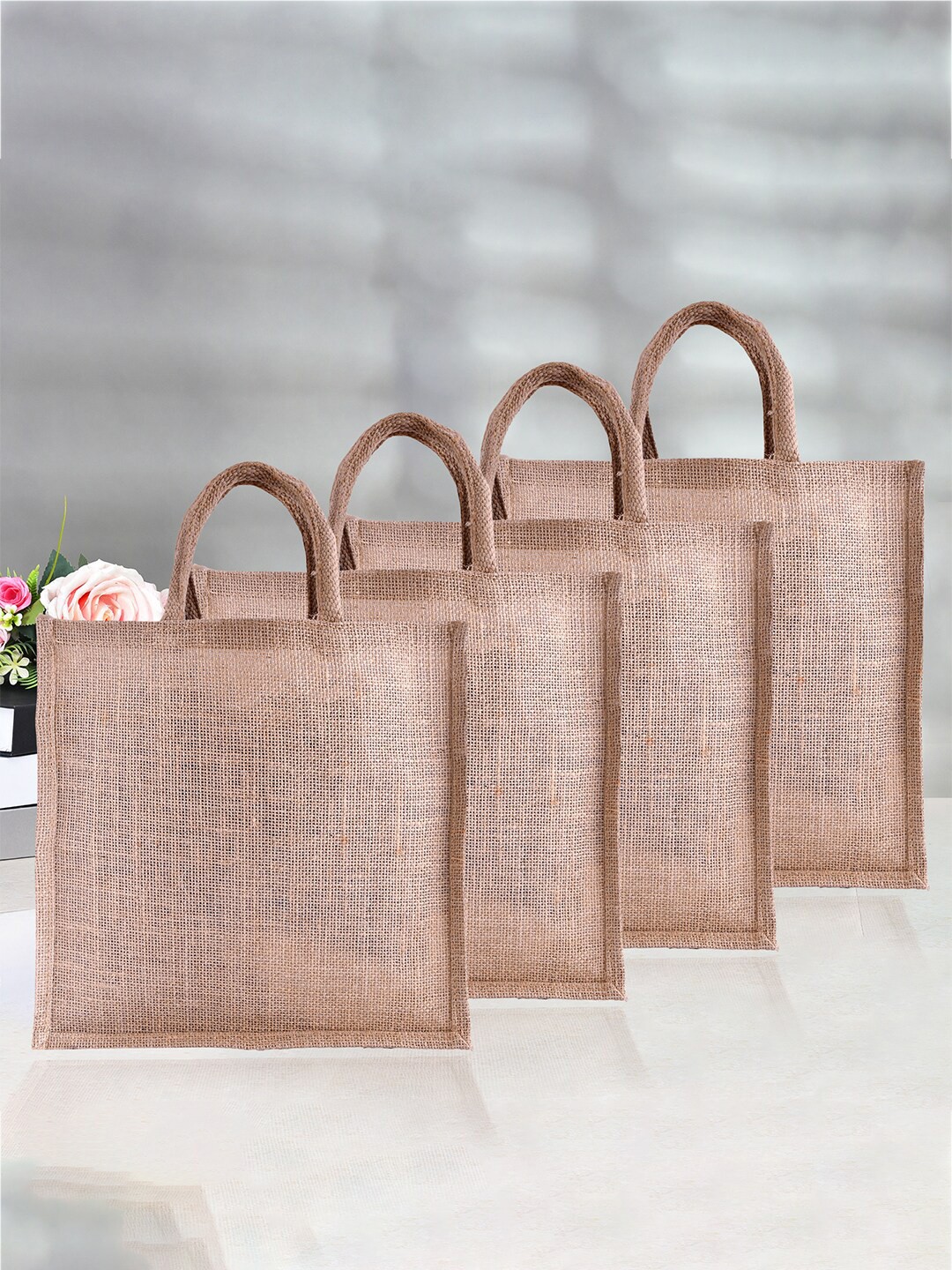 

Kuber Industries Set Of 4 Shopper Jute Tote Bags, Camel brown