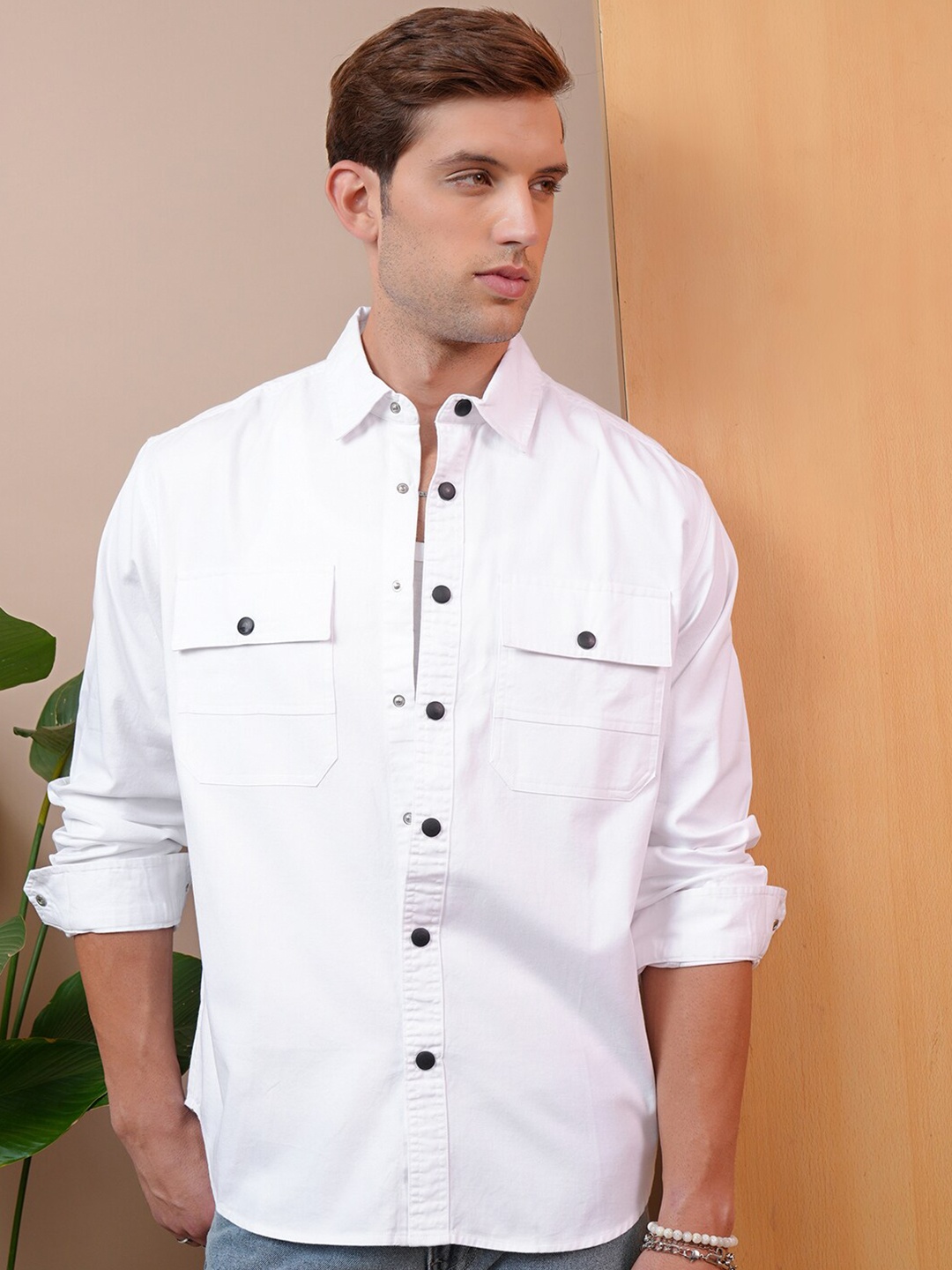 

LOCOMOTIVE Slim Fit Premium Textured Utility Pocket Cotton Overshirt, White