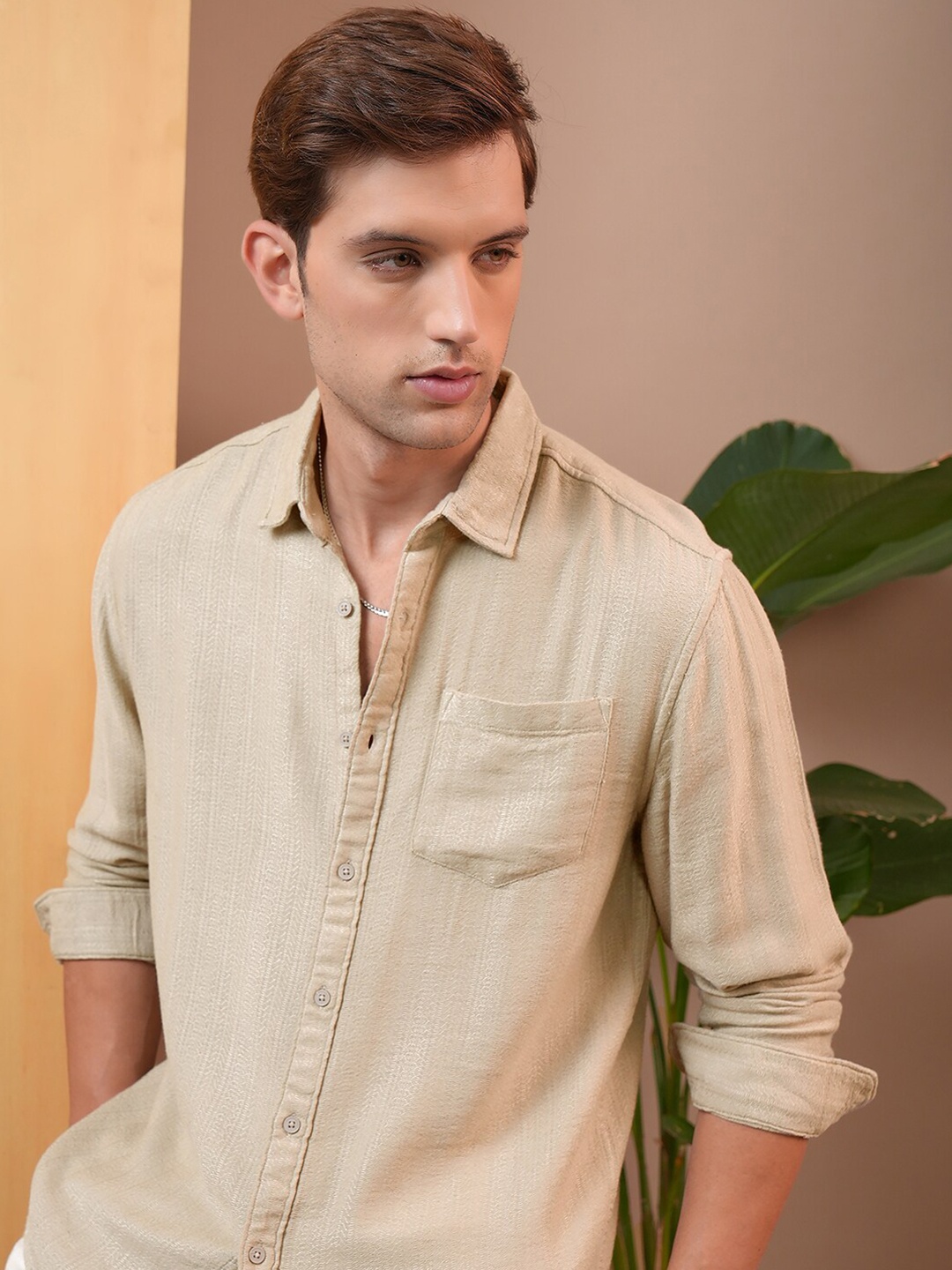

LOCOMOTIVE Premium Jacquard Textured Relaxed Shirt, Beige
