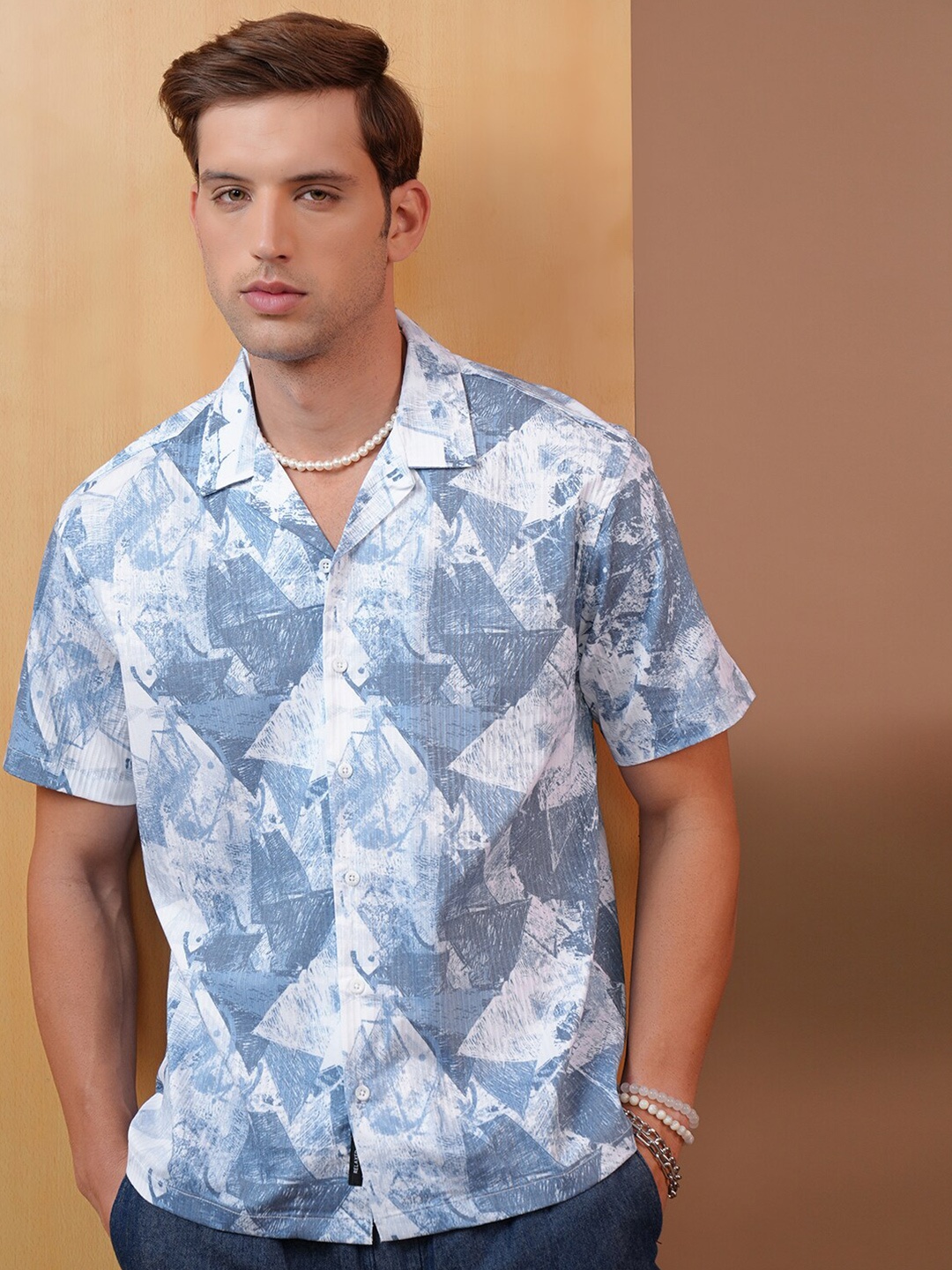 

LOCOMOTIVE Premium Dobby Textured Printed Cuban Collar Relaxed Shirt, Blue