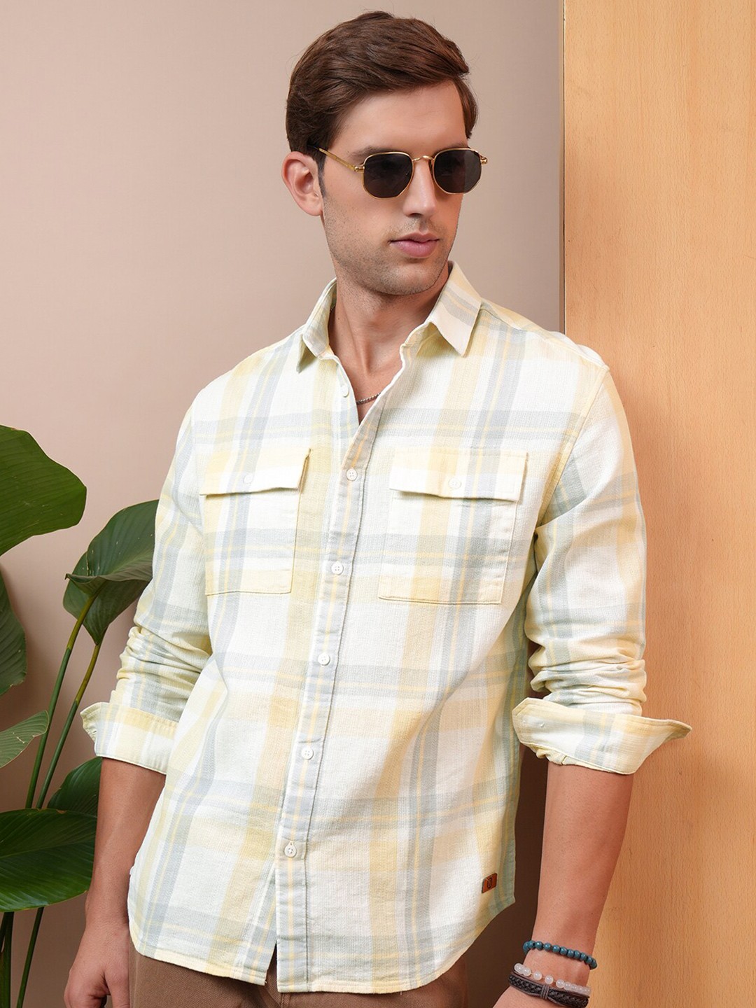 

LOCOMOTIVE Premium Textured Striped Utility Pocket Cotton Relaxed Shirt, Cream