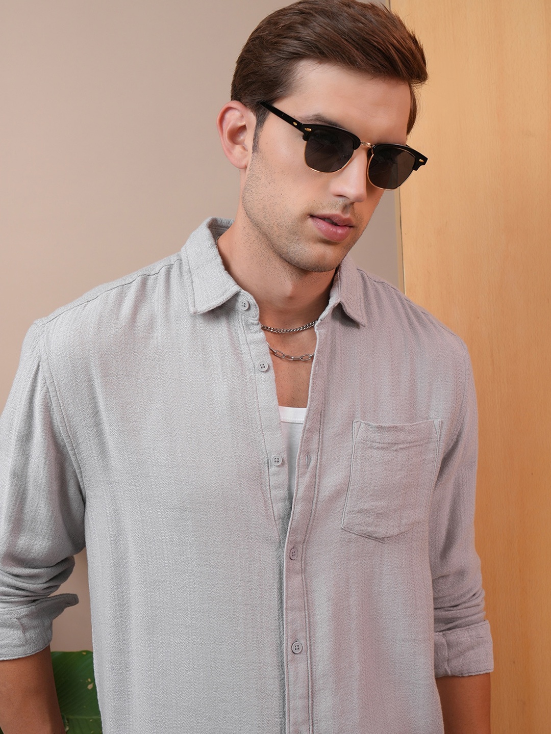 

LOCOMOTIVE Premium Jacquard Textured Relaxed Shirt, Grey