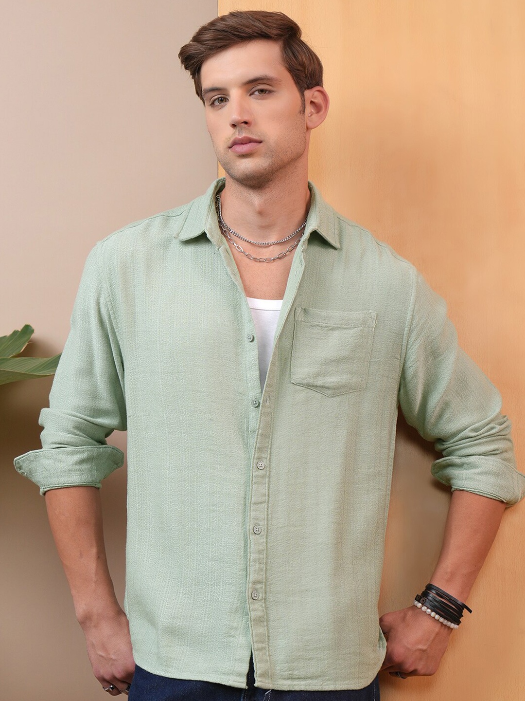 

LOCOMOTIVE Premium Jacquard Textured Relaxed Shirt, Green