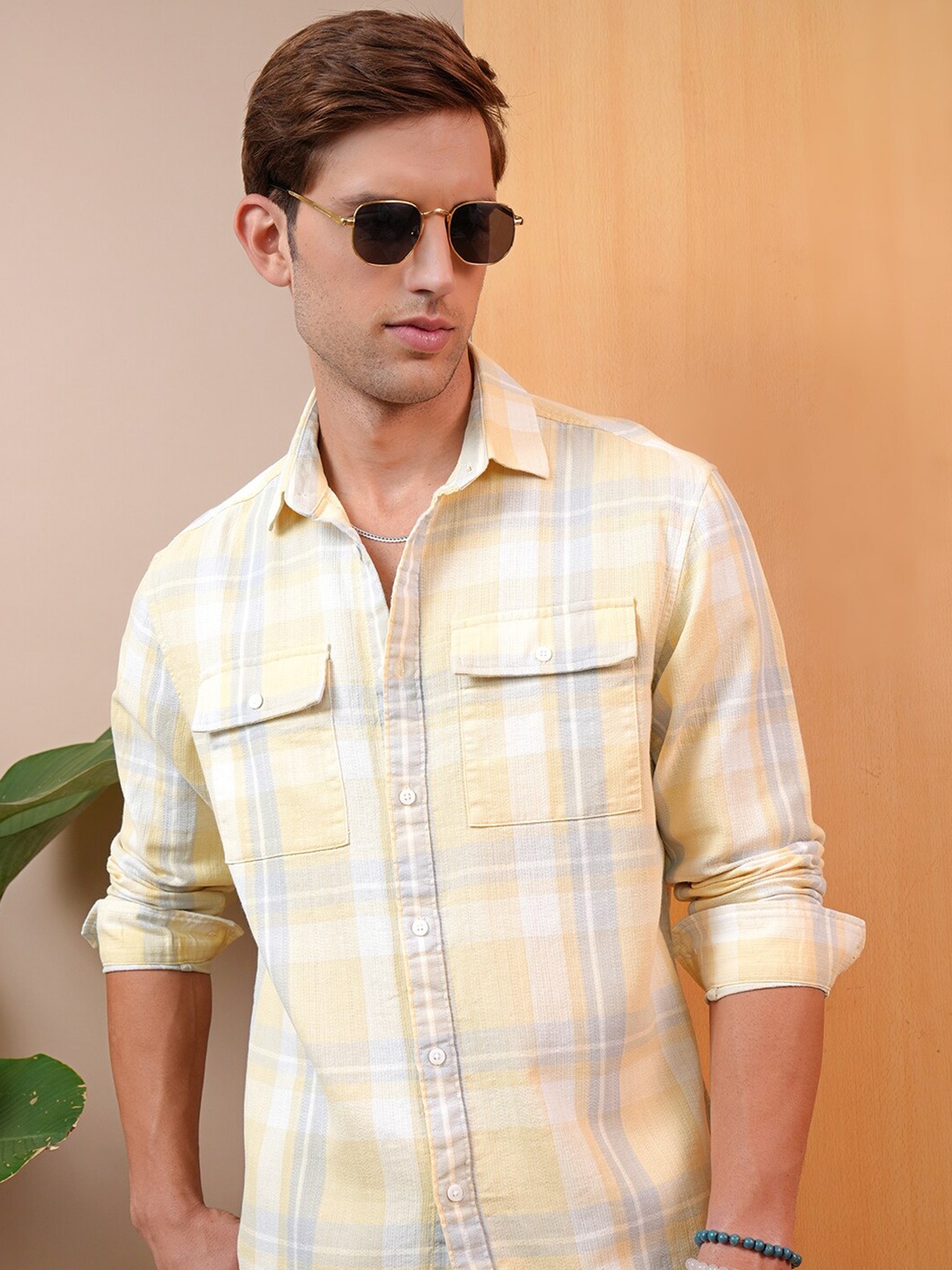 

LOCOMOTIVE Premium Textured Striped Utility Pocket Cotton Relaxed Shirt, Yellow