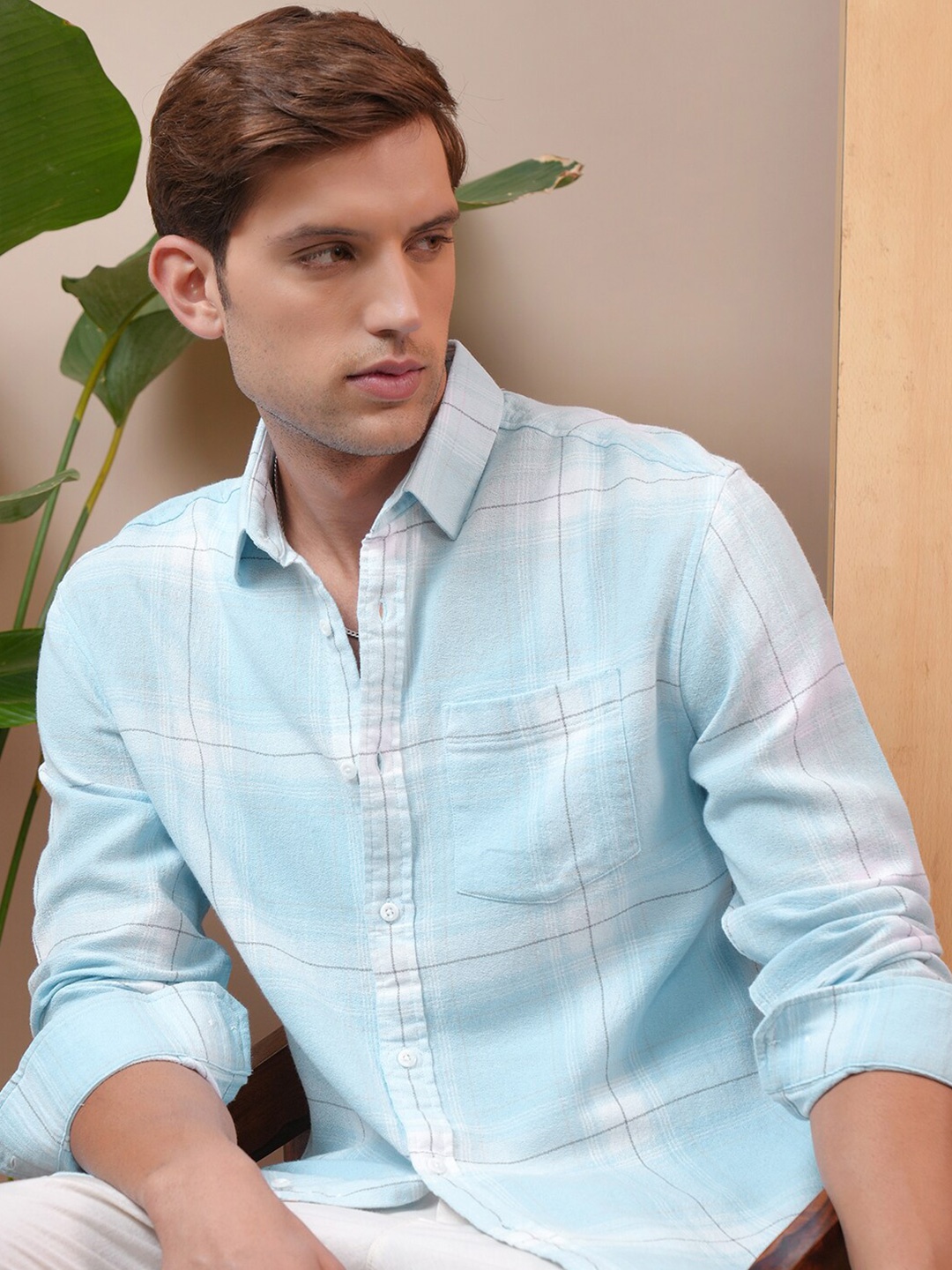 

LOCOMOTIVE Premium Dobby Textured Checked Cotton Relaxed Shirt, Blue