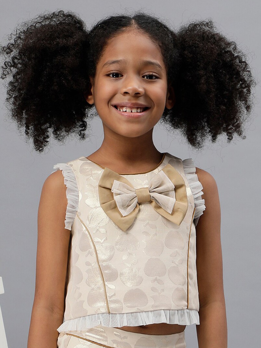 

One Friday Girls Self Design Sleeveless Cotton Top, Beige