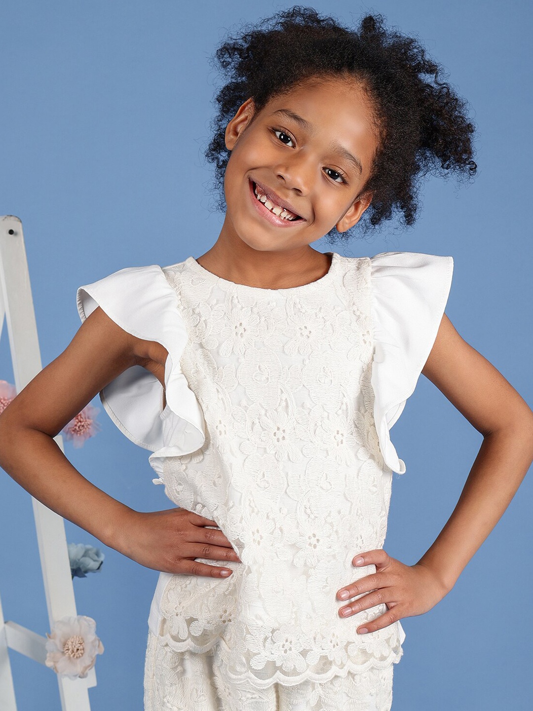 

One Friday Girls Self Design Flutter Sleeve Cotton Lace Top, Off white