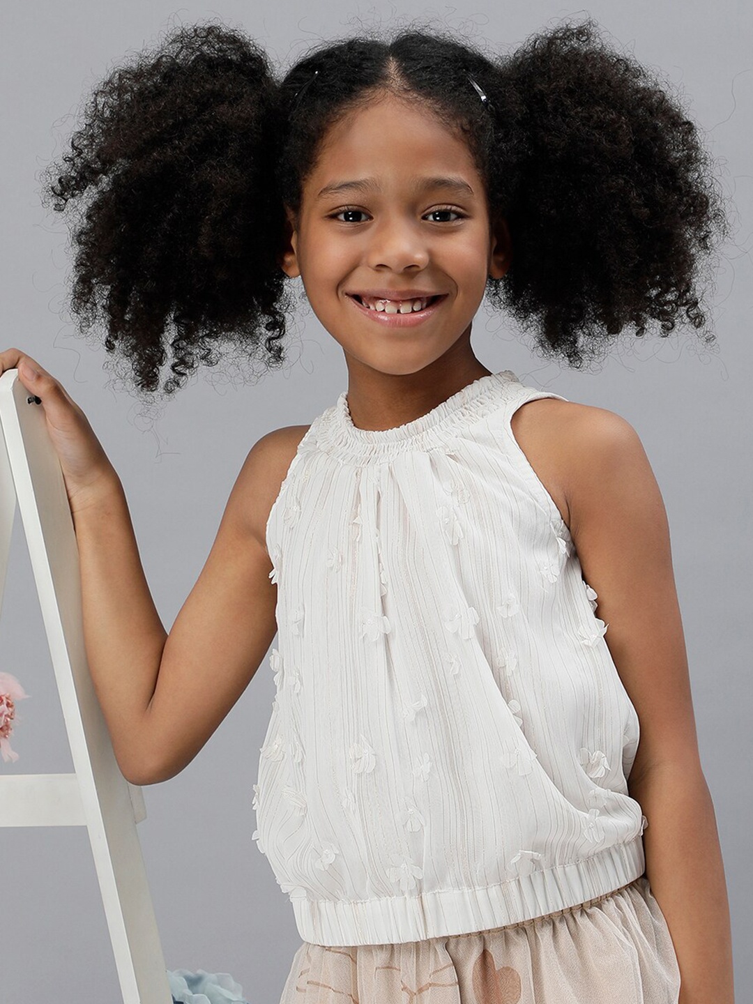 

One Friday Girls Self Design Round Neck Top, Off white
