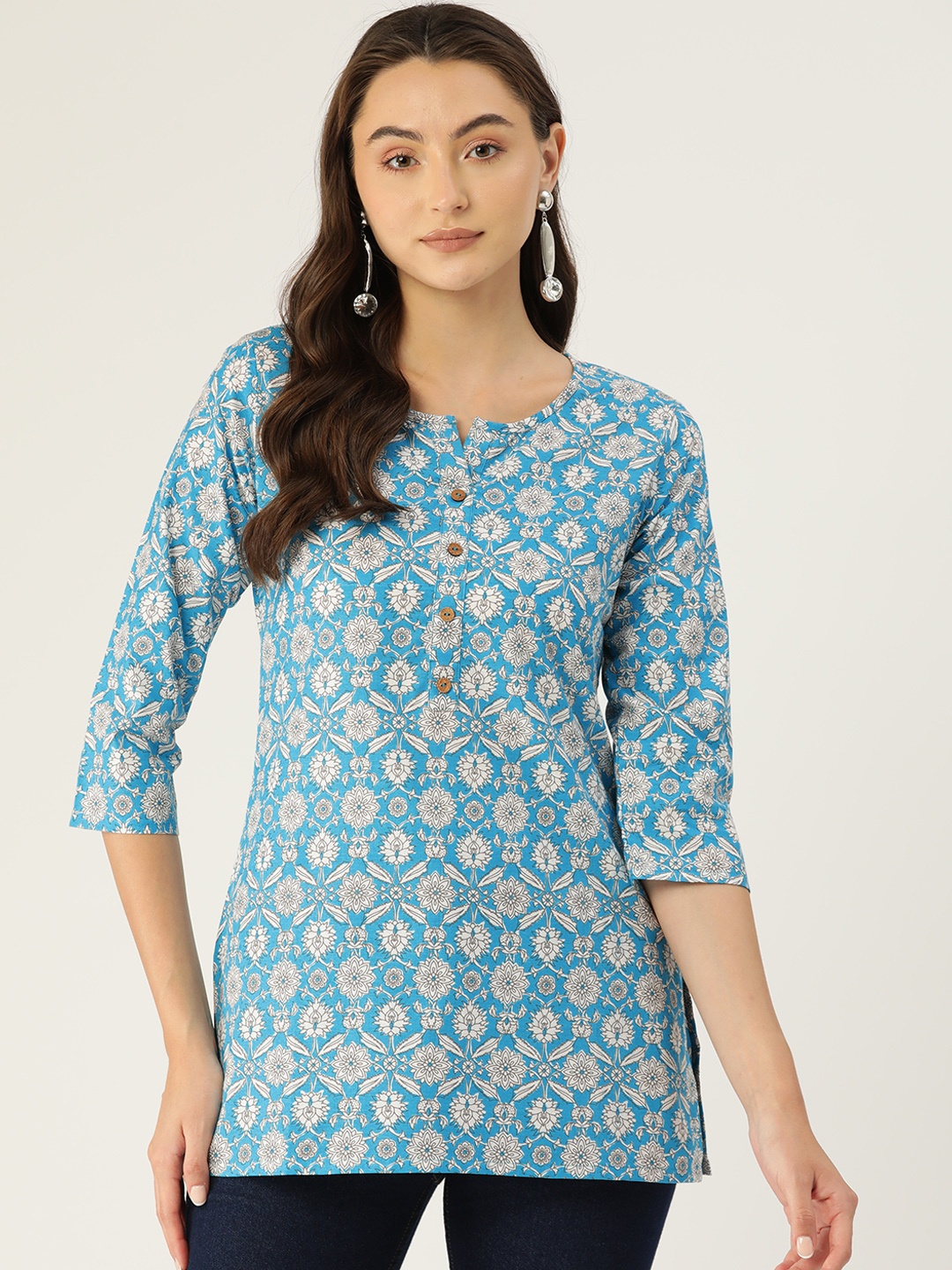 

FERANOID Floral Printed Pure Cotton Kurti, Blue