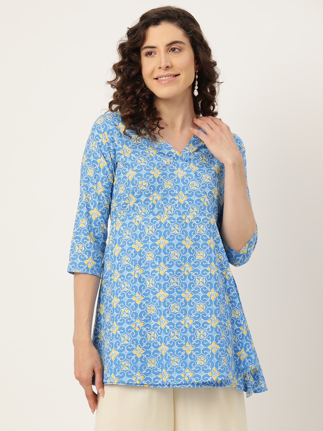 

FERANOID Ethnic Motifs Printed V-Neck Pure Cotton Angrakha Kurti, Blue