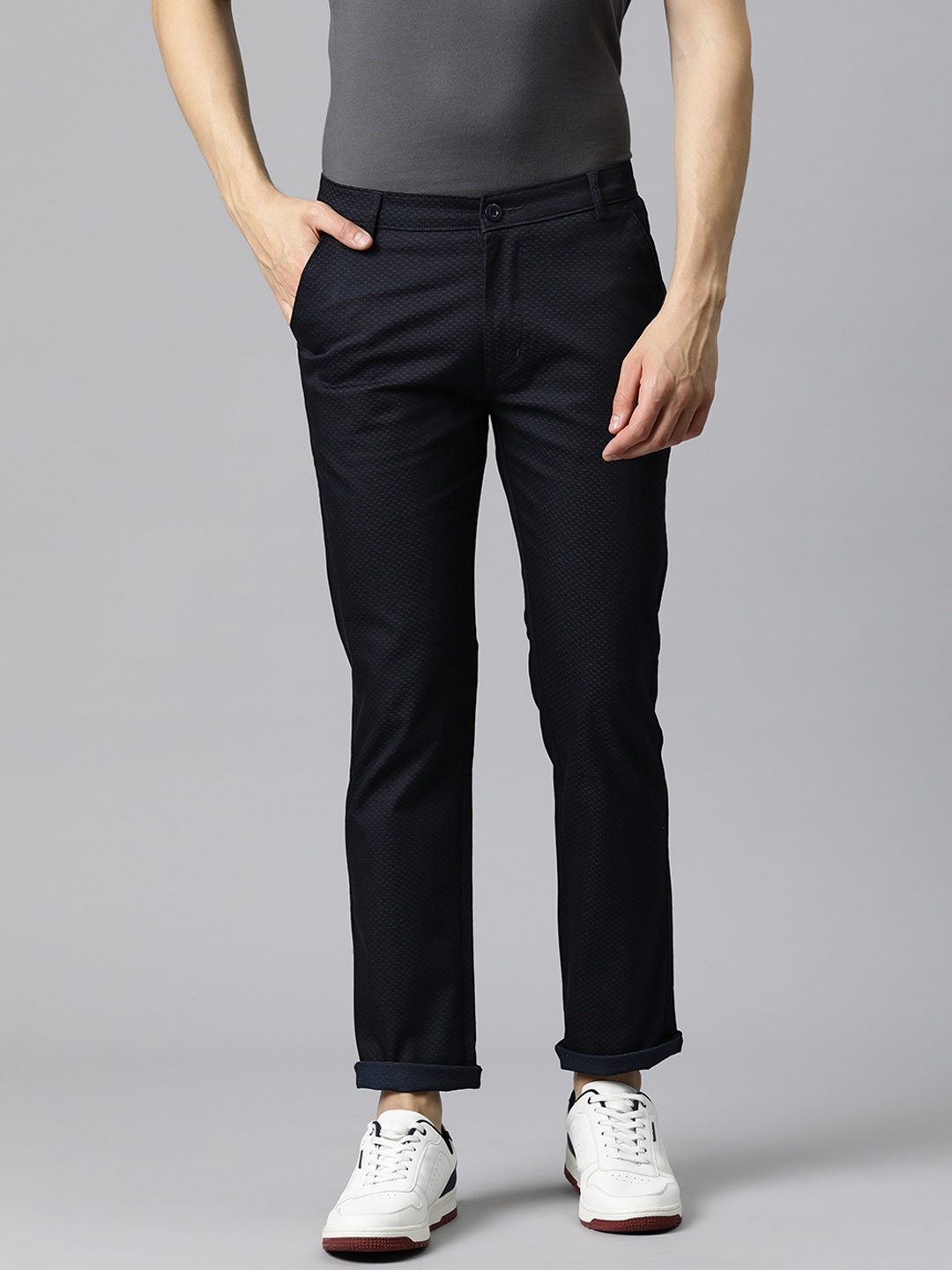 

Rodamo Men Self Design Slim Fit Chinos, Navy blue