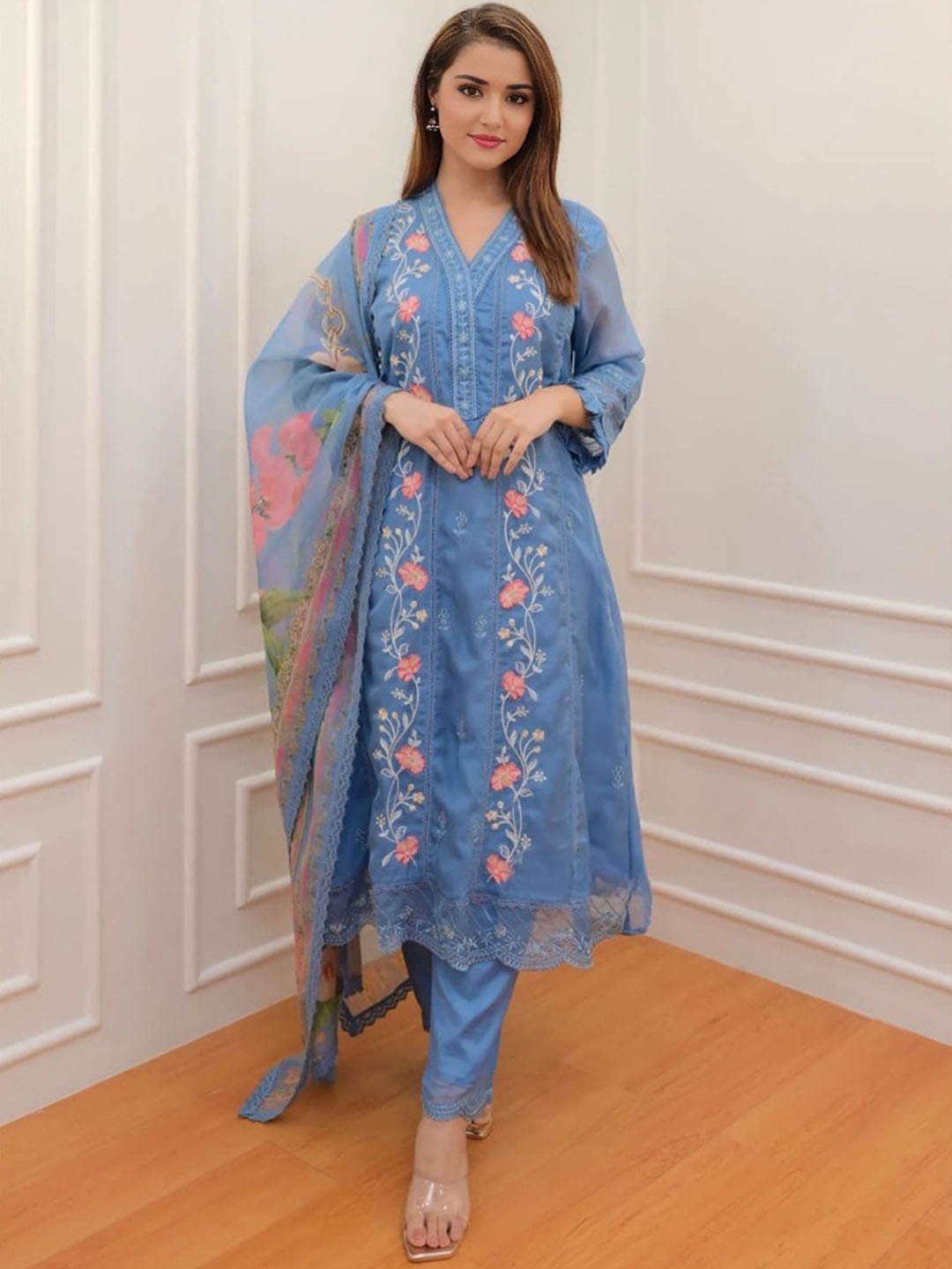 

BLACK SCISSOR Floral Embroidered Thread Work Anarkali Kurta With Trousers & Dupatta, Blue