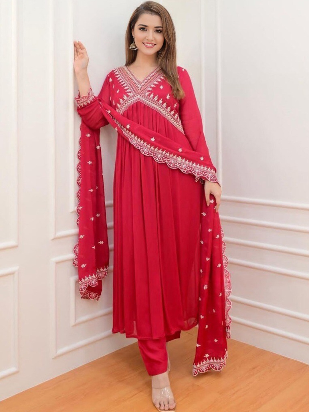 

BLACK SCISSOR Ethnic Motifs Embroidered Thread Work Anarkali Kurta With Trousers & Dupatta, Red