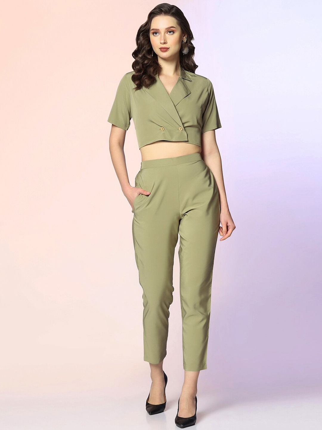 

Selvia Shirt Collar Crop Top & Trousers Co-Ords, Olive