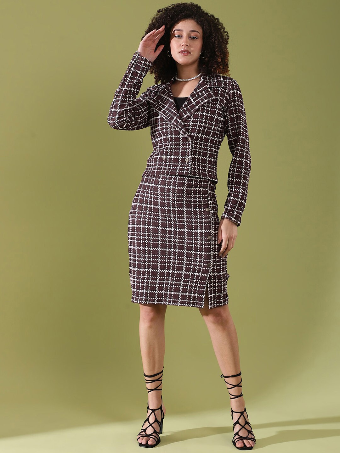 

Selvia Checked Long Sleeves Coat With Skirts Co-Ords, Brown