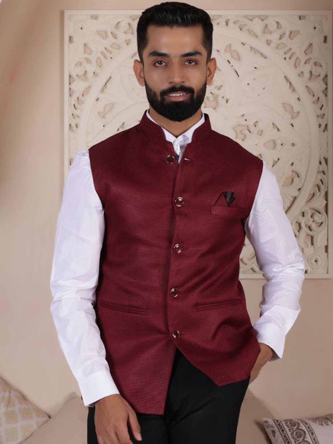 

Lightpole Woven Nehru Jacket, Maroon