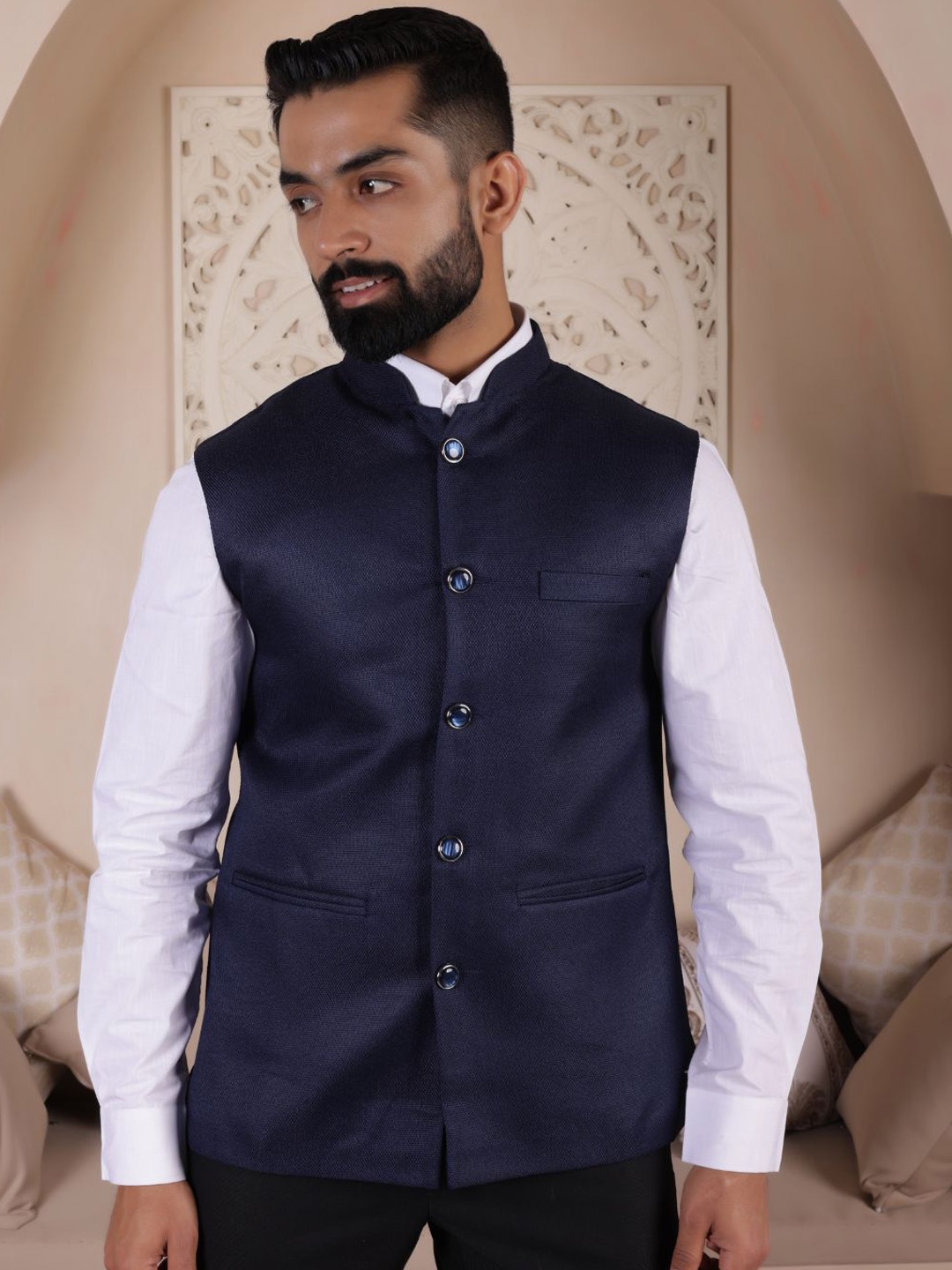 

Lightpole Woven Ethnic Nehru Jacket, Navy blue