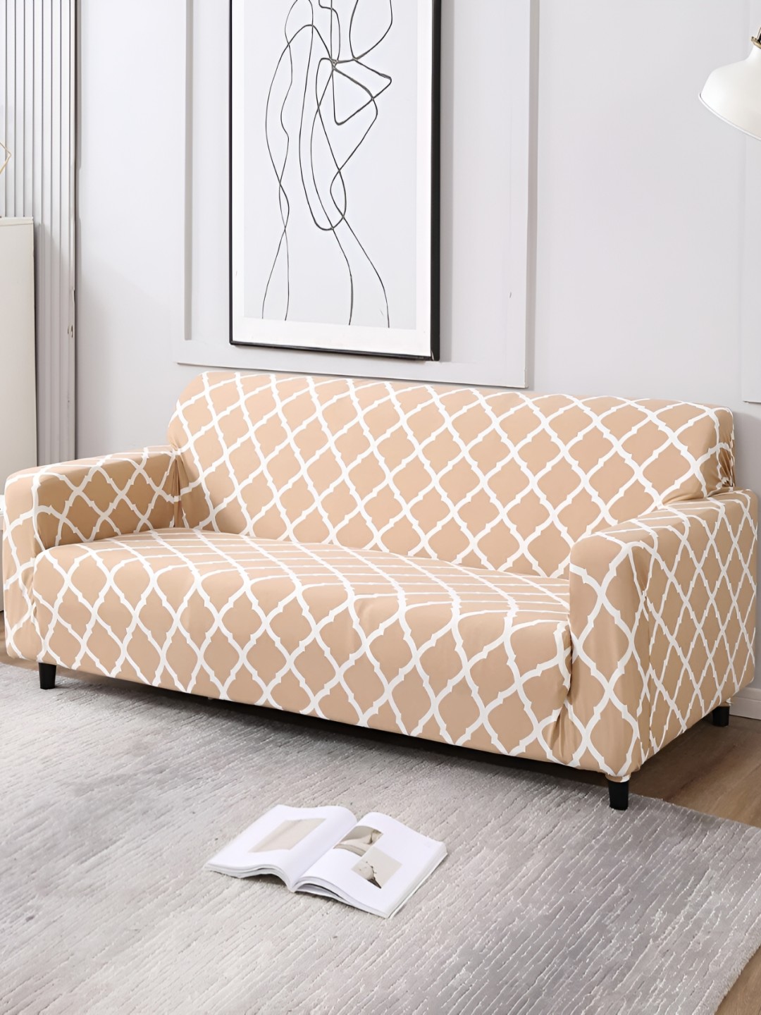 

Dakshya Industries Beige & White Abstract Printed Elasticated Sofa Cover