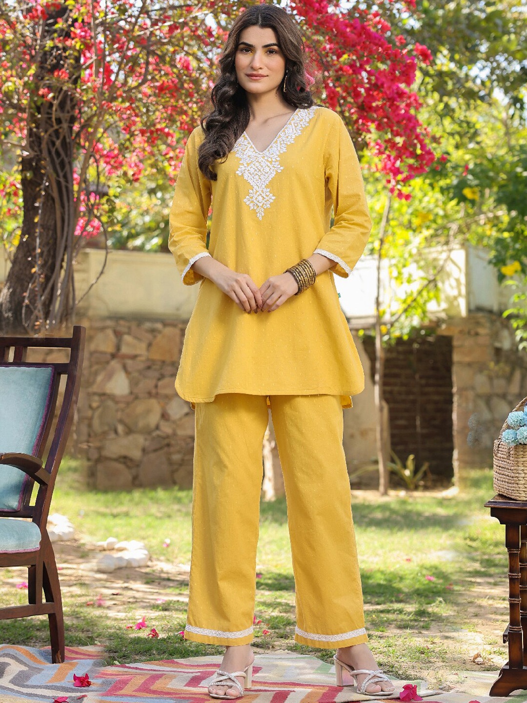 

EverBloom Embroidered V- Neck Top & Flared Trouser Co-Ords, Yellow