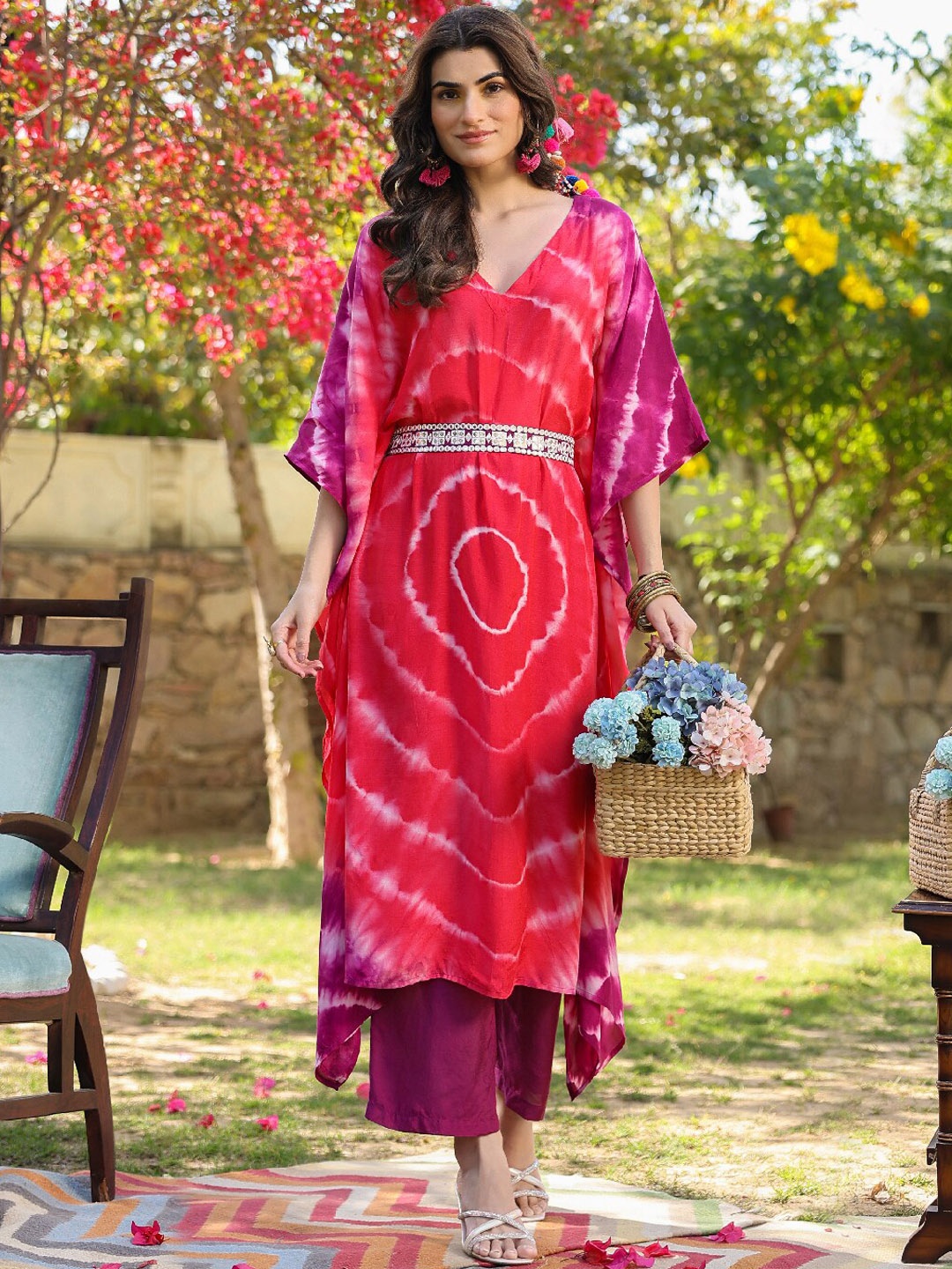 

EverBloom Tie Dyed Kaftan Top & Trousers Co-Ords Set, Red