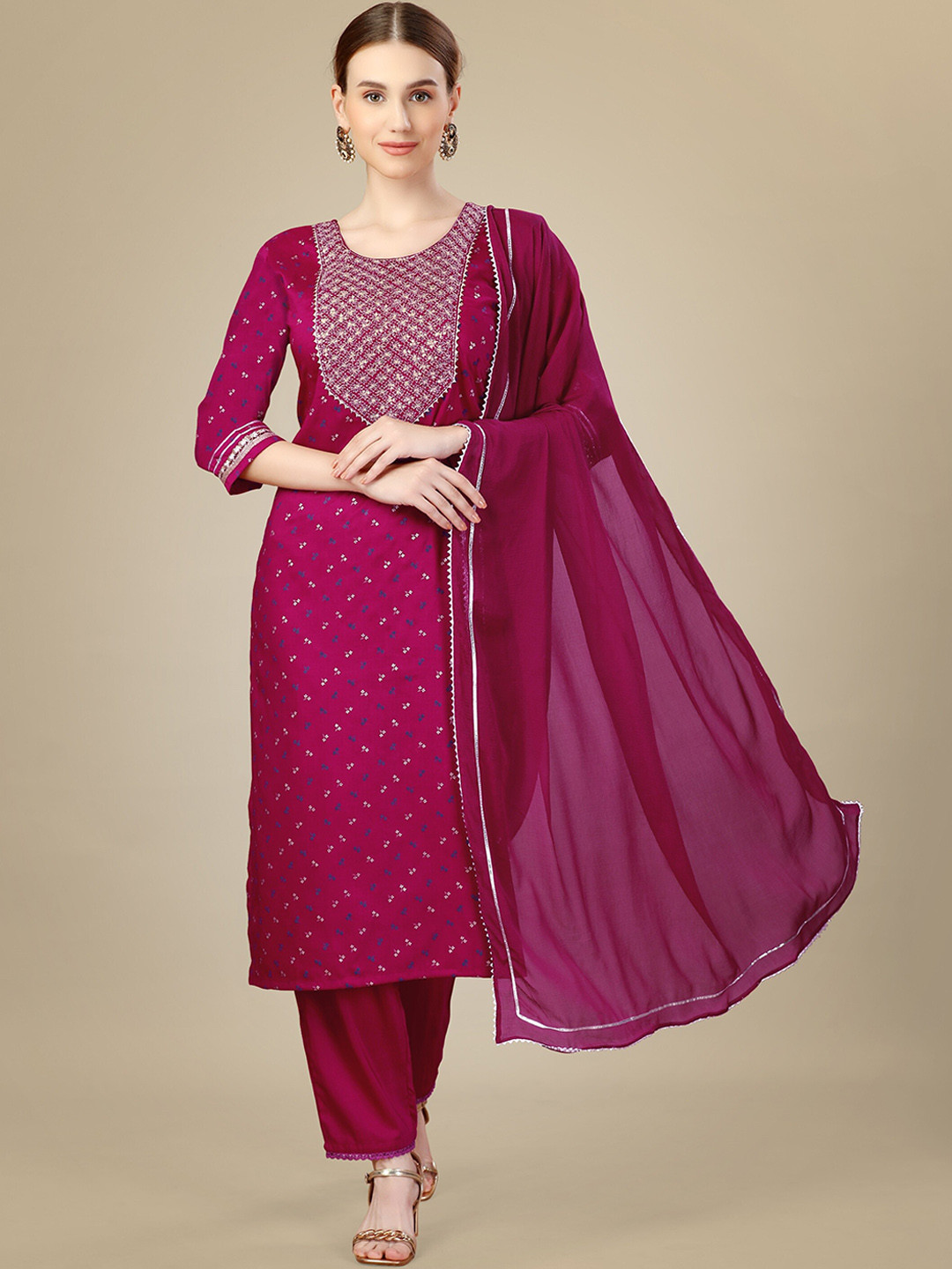

Riddhi Textile Hub Ethnic Motifs Printed Straight Kurta With Trousers & Dupatta, Pink