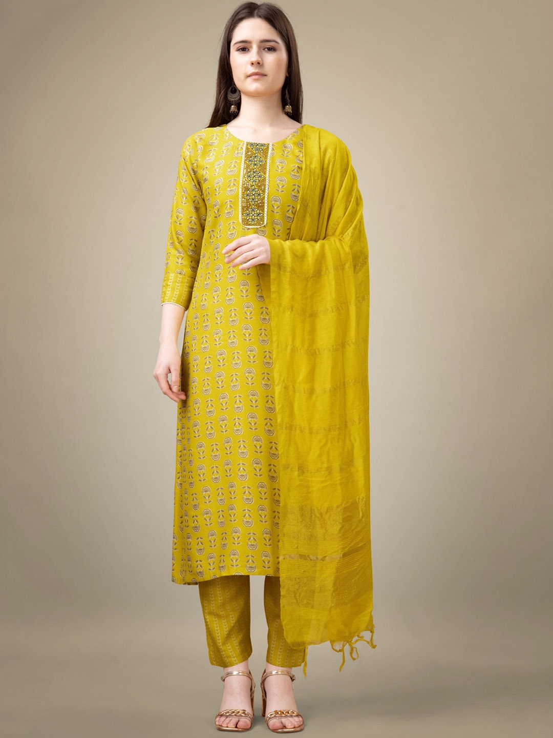 

Riddhi Textile Hub Ethnic Motifs Printed Kurta with Trousers & With Dupatta, Yellow