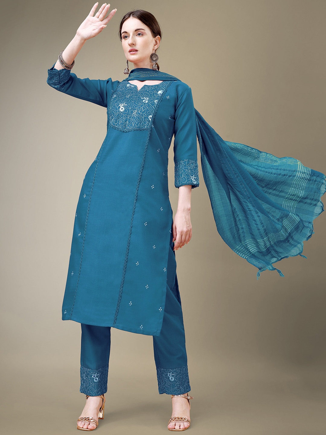 

Riddhi Textile Hub Ethnic Motifs Embroidered Panelled Kurta With Churidar & Dupatta, Blue